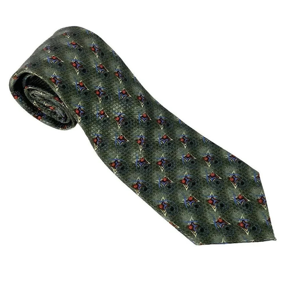 Zanzara Men's Neck Tie Abstract Green Multicolor Silk Hand Made Designer